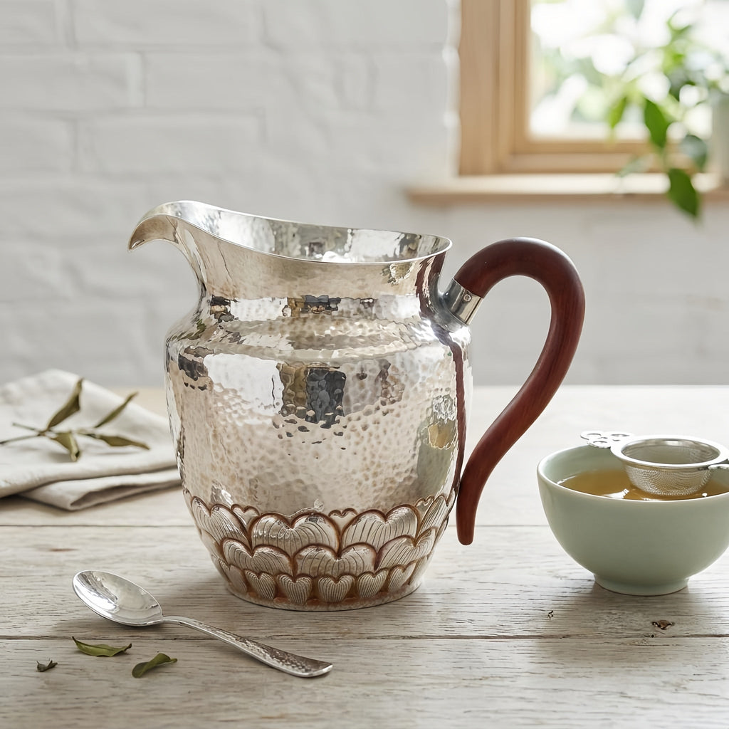 925 Sterling Silver Hand-Hammered Silver Pitcher with Scalloped Base and Curved Wooden Handle - Handicraft Vera Lux