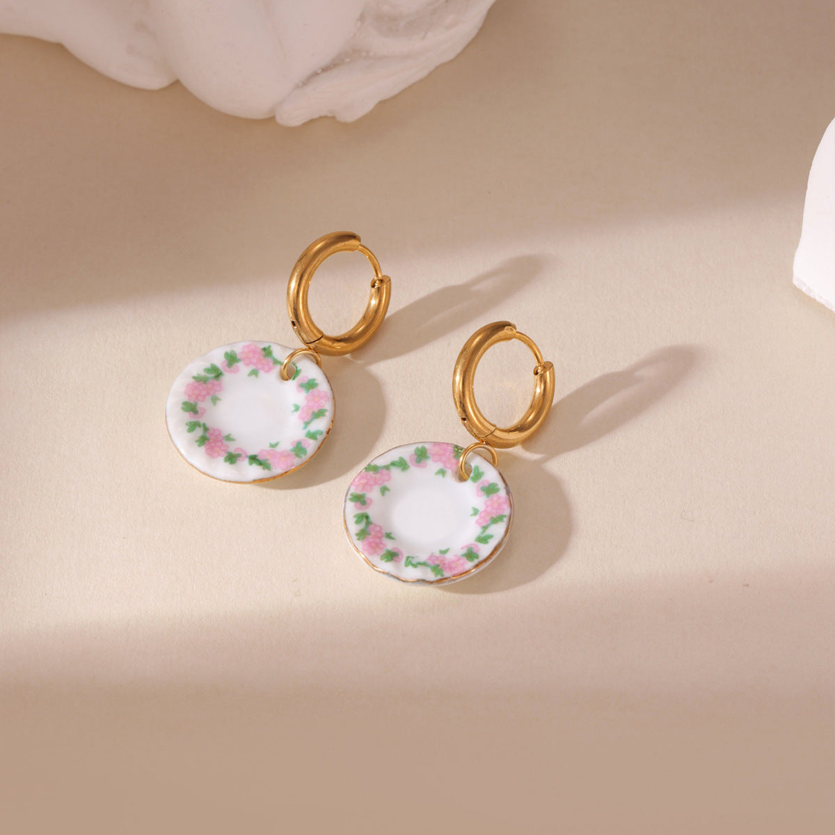 New Chinese Blue And White Porcelain Earrings, 18K Gold Plated Stainless Steel Ceramic Dainty Drop Earrings For Women Vera Lux