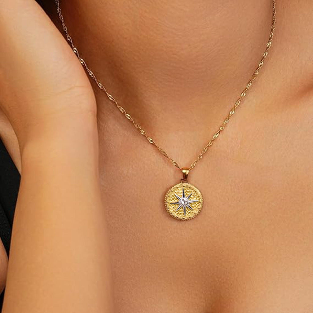 18K gold round necklace with eight-pointed star design, classic and fashionable Vera Lux