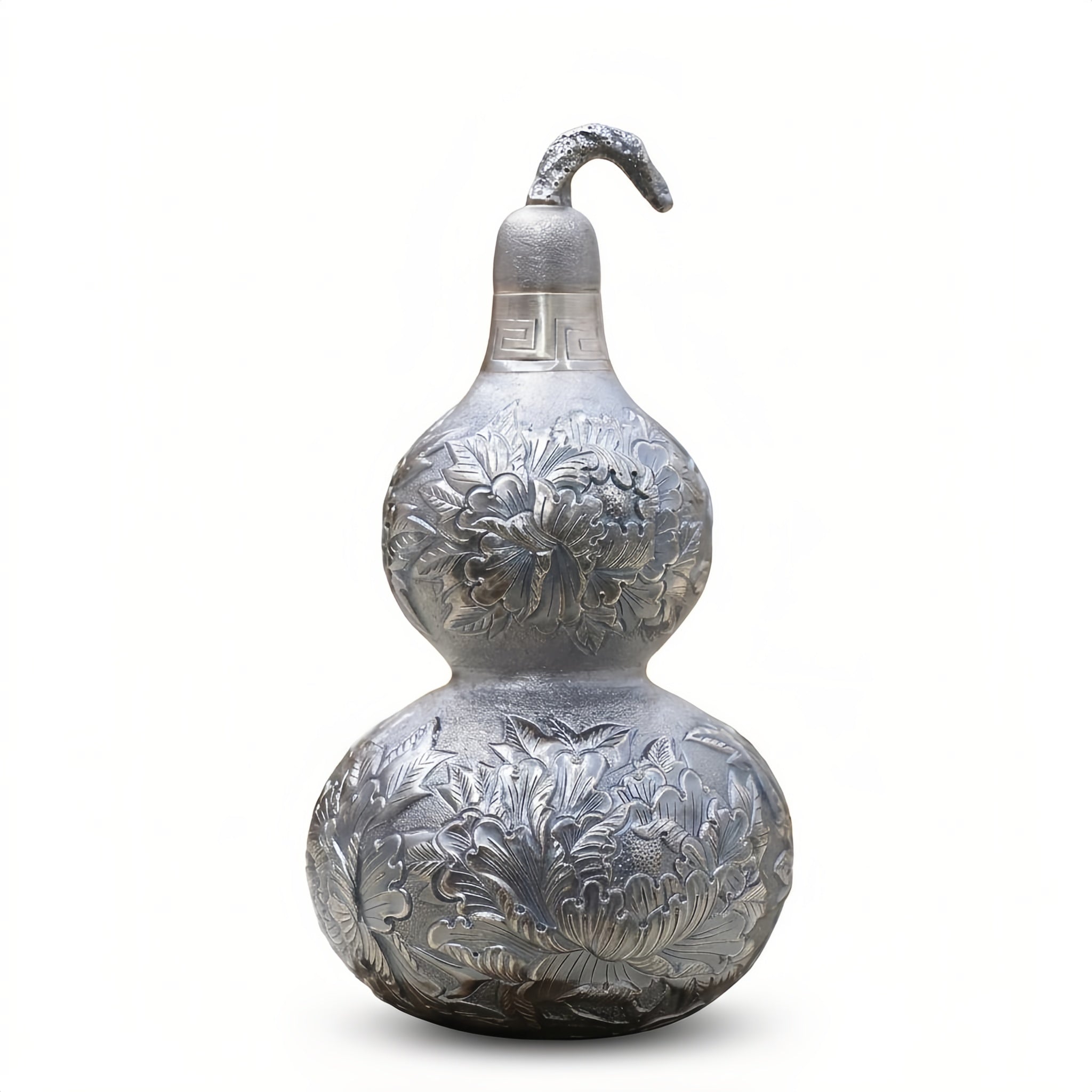 Pure 999 Fine Silver Ornate Silver-Toned Double Gourd Vessel with Intricate Floral Engravings - Handicraft Vera Lux