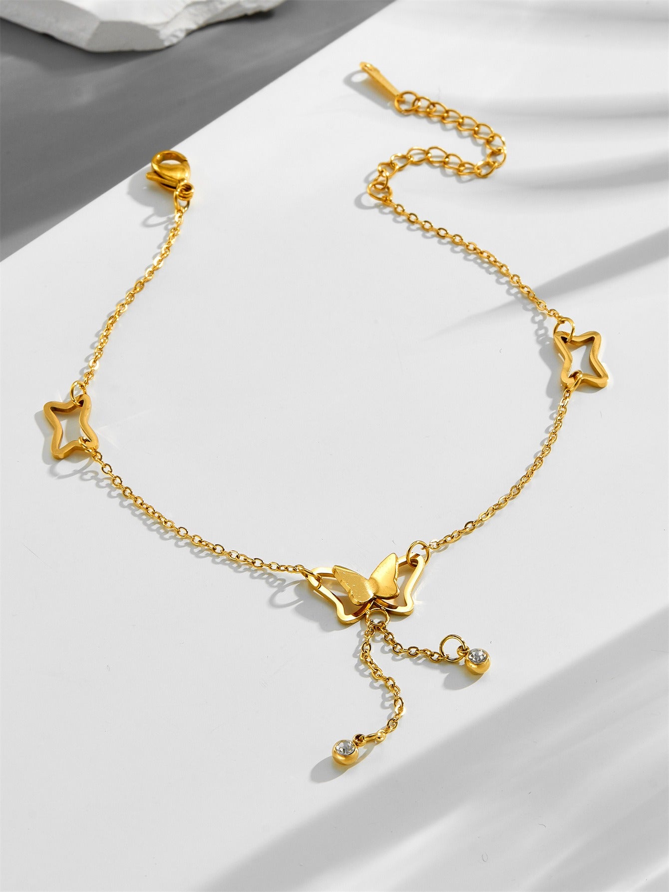Rose gold trendy titanium steel butterfly tassel bare anklet Vera Lux