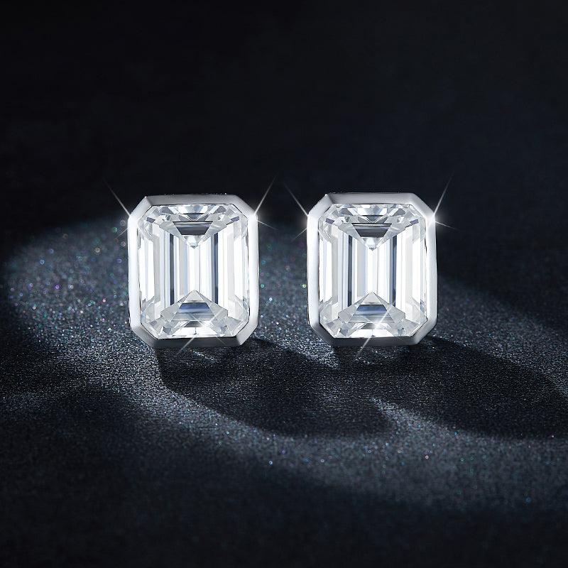S925 Sterling Silver 8x10mm Emerald Cut Moissanite Stud Earrings  Platinum Plated Geometric Bezel With GRA Certificate Jewelry Gift Box Set Vera Lux