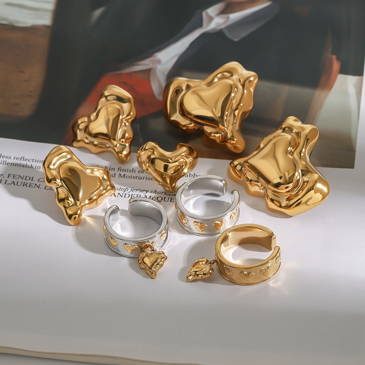 18K Gold Heart Design Trendy Personalized Earring and Ring Set Vera Lux