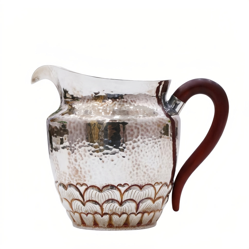 925 Sterling Silver Hand-Hammered Silver Pitcher with Scalloped Base and Curved Wooden Handle - Handicraft Vera Lux