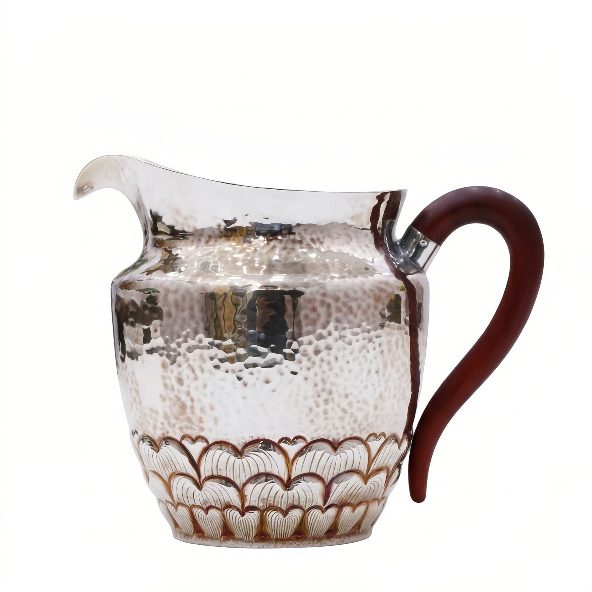 925 Sterling Silver Hand-Hammered Silver Pitcher with Scalloped Base and Curved Wooden Handle - Handicraft Vera Lux