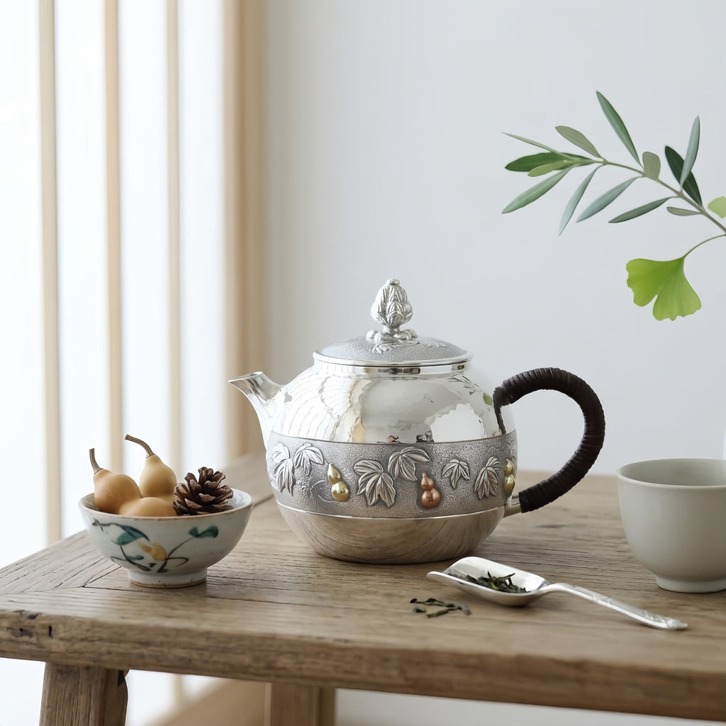 Pure 999 Fine Silver Handcrafted Silver Teapot with Embossed Leaf and Gourd Motifs and Woven Handle - Handicraft Vera Lux