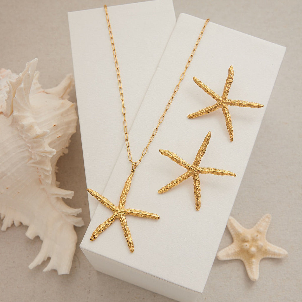 18K Gold Starfish with Textured Design Classic Fashion Necklace and Earrings Set Vera Lux