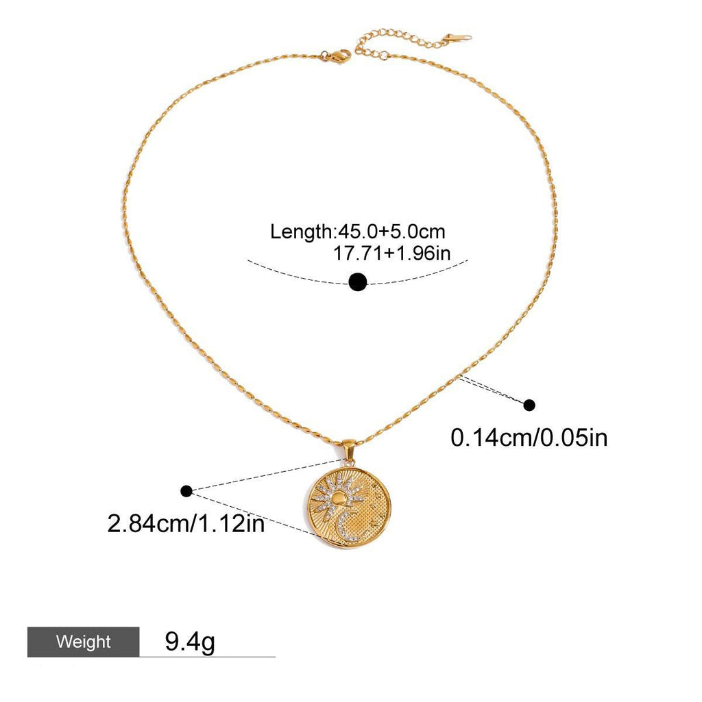 18K gold round necklace with sun and moon pattern and diamond design Vera Lux