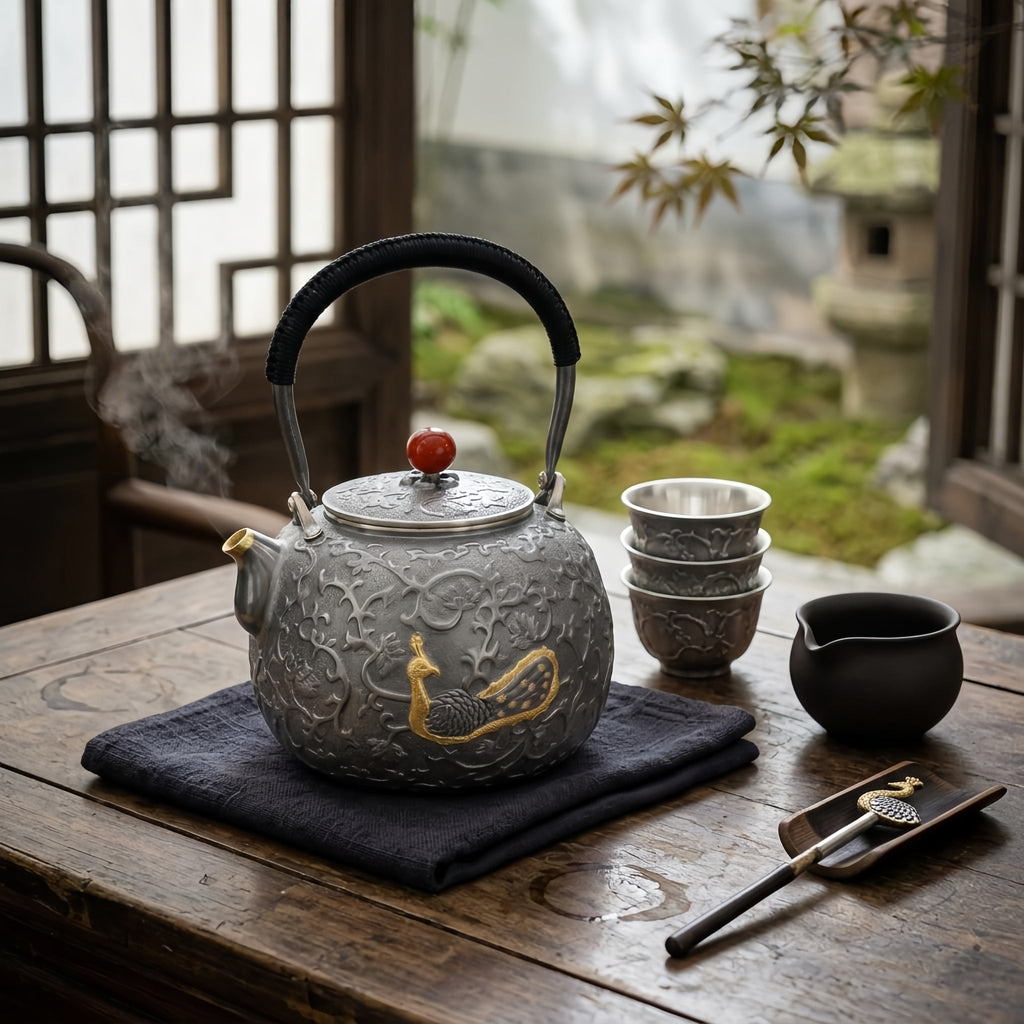 Pure 999 Fine Silver Ornate Handcrafted Silver Teapot Featuring Exquisite Peacock Relief and Crimson Gemstone Finial - Handicraft Vera Lux