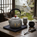 Pure 999 Fine Silver Ornate Handcrafted Silver Teapot Featuring Exquisite Peacock Relief and Crimson Gemstone Finial - Handicraft Vera Lux