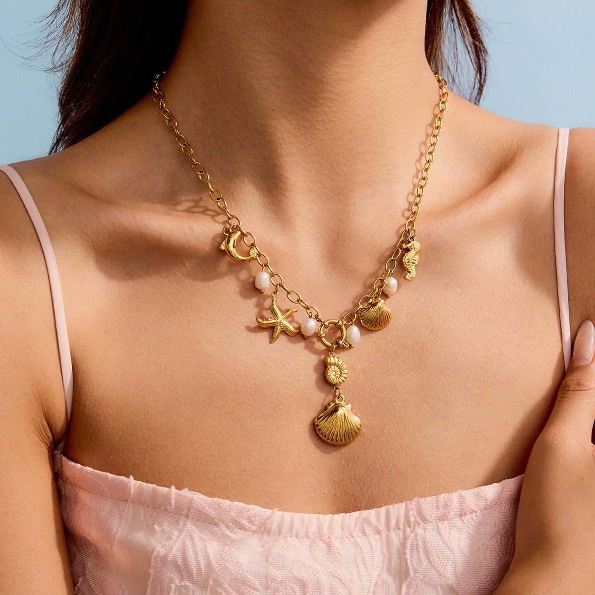 18K gold ocean element with texture design exquisite fashion necklace Vera Lux