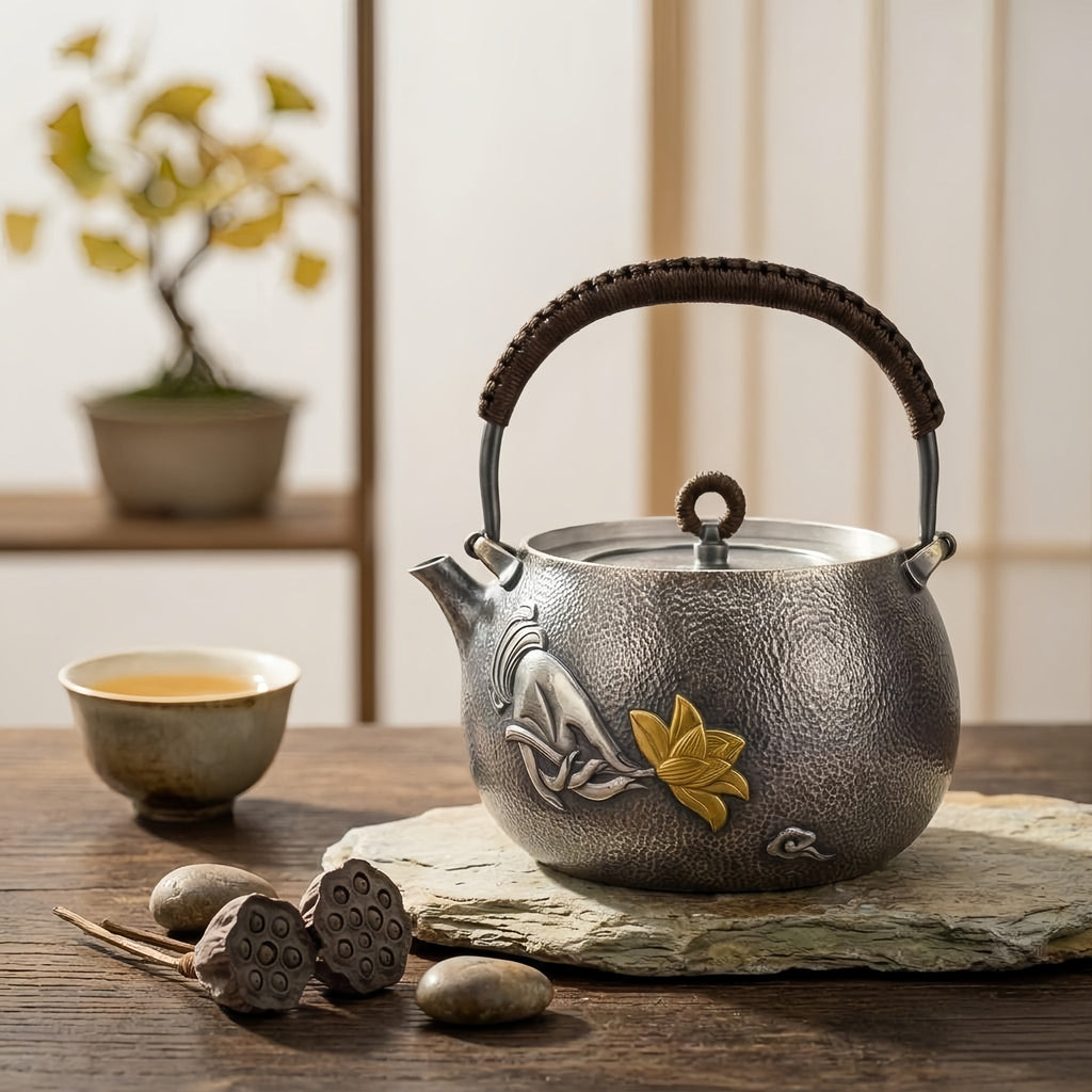 Pure 999 Fine Silver Artisanal Hammered Silver-Finish Teapot with Hand-Carved Gilded Lotus and Woven Rattan Handle - Handicraft Vera Lux