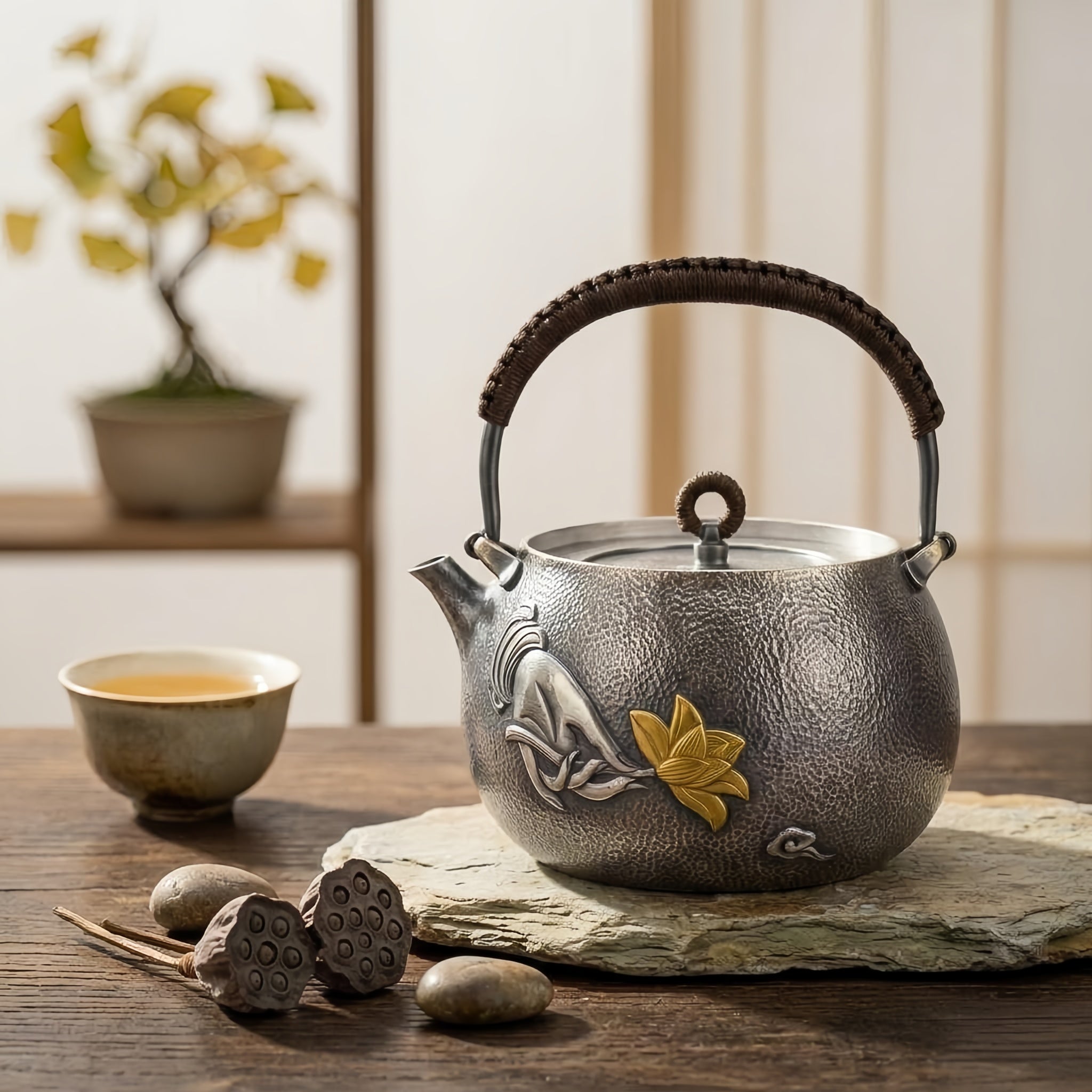 Pure 999 Fine Silver Artisanal Hammered Silver-Finish Teapot with Hand-Carved Gilded Lotus and Woven Rattan Handle - Handicraft Vera Lux