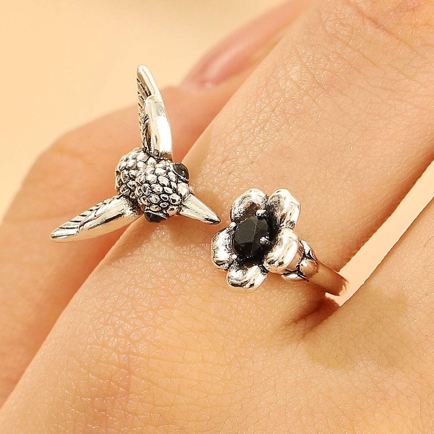 Floral And Hummingbird Vintage Open Ring Vera Lux
