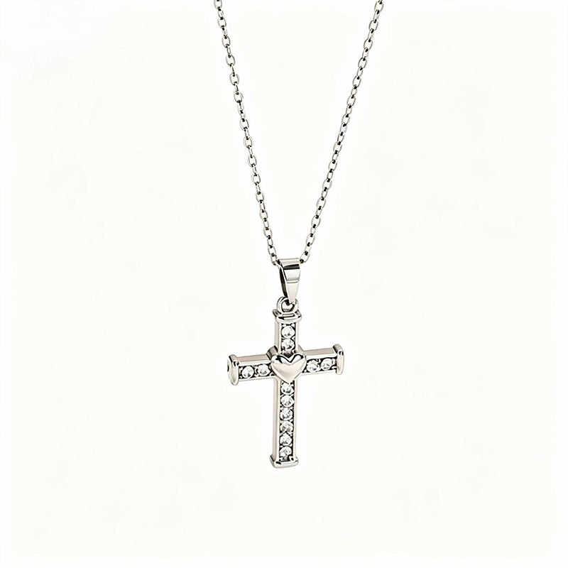 Stainless Steel Inlaid Rhinestone Heart-shaped Cross Pendant Necklace Vera Lux