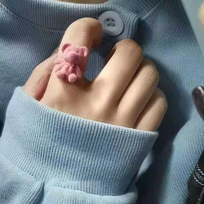 Cute Blue Flocked Bear Open Ring, Sweet INS Style All-match Adjustable Finger Ring Vera Lux