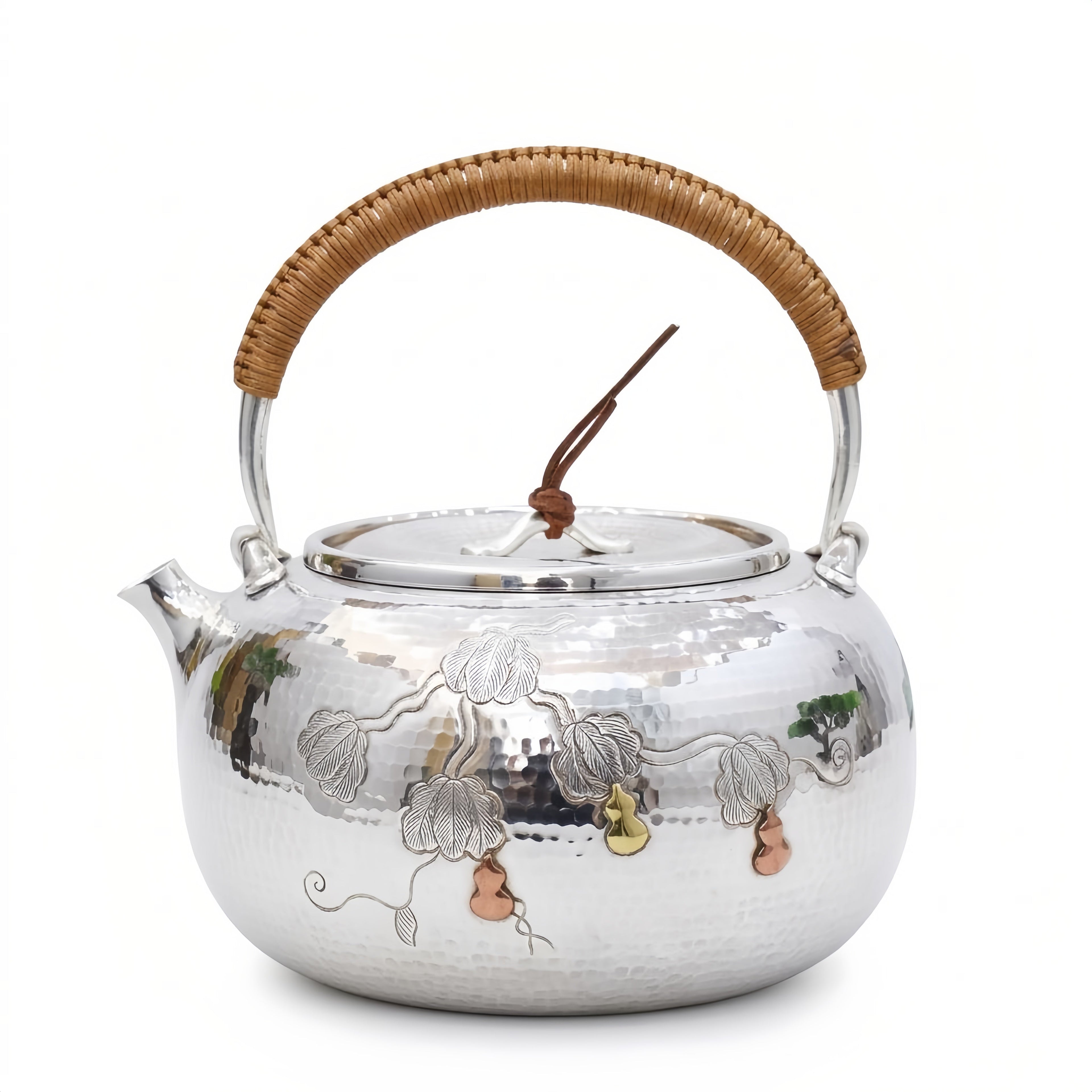 Pure 999 Fine Silver Handcrafted Hammered Silver Teapot with Gourd Vine Relief and Rattan Handle - Handicraft Vera Lux