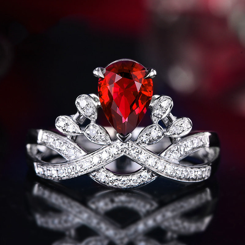 Pear Cut Simulated Ruby Crown Ring, Luxury Infinity Pave Band Promise Ring For Women Vera Lux