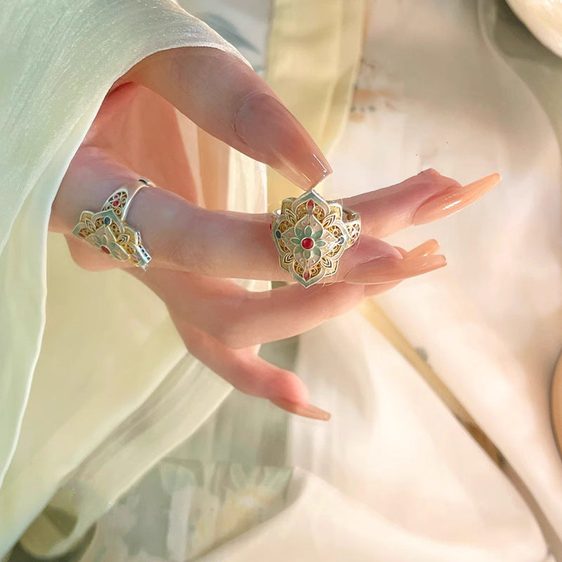 Misty Rain Gold-Embellished Enamel Peony Chinese-Style Hollow Open Ring Vera Lux