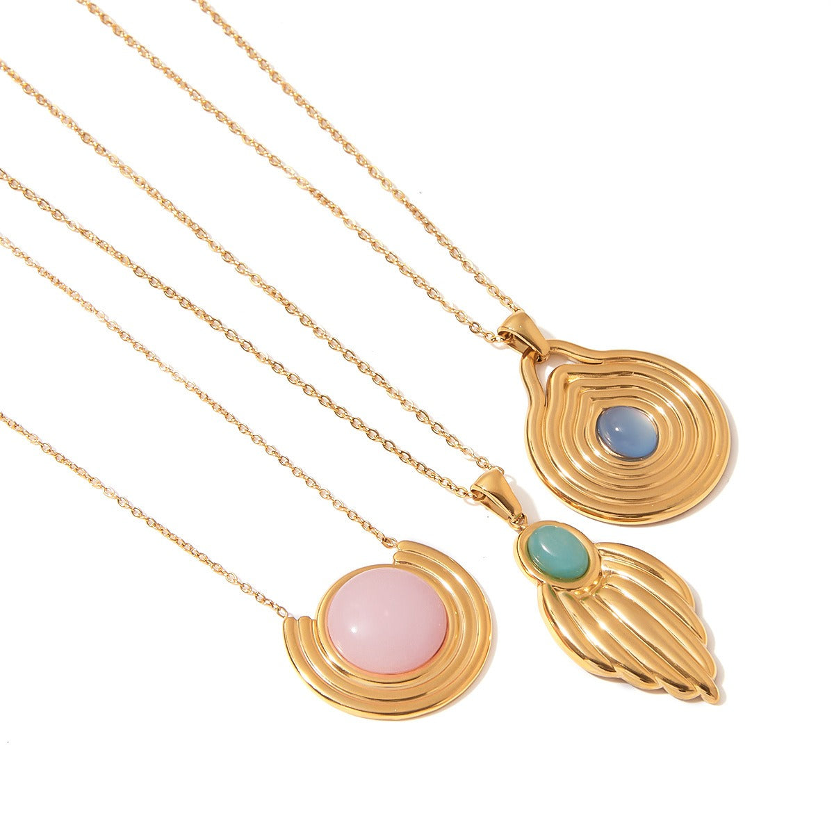 18K gold geometric inlaid gemstone with texture design classic fashion necklace Vera Lux