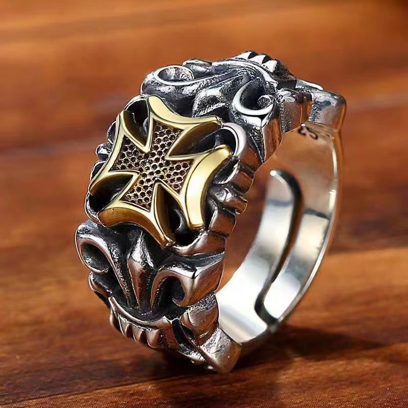Vintage Maltese Cross Biker Ring, Two-Tone Gothic Adjustable Statement Band, Punk Rock Heavy Ring For Men Vera Lux