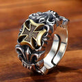Vintage Maltese Cross Biker Ring, Two-Tone Gothic Adjustable Statement Band, Punk Rock Heavy Ring For Men Vera Lux