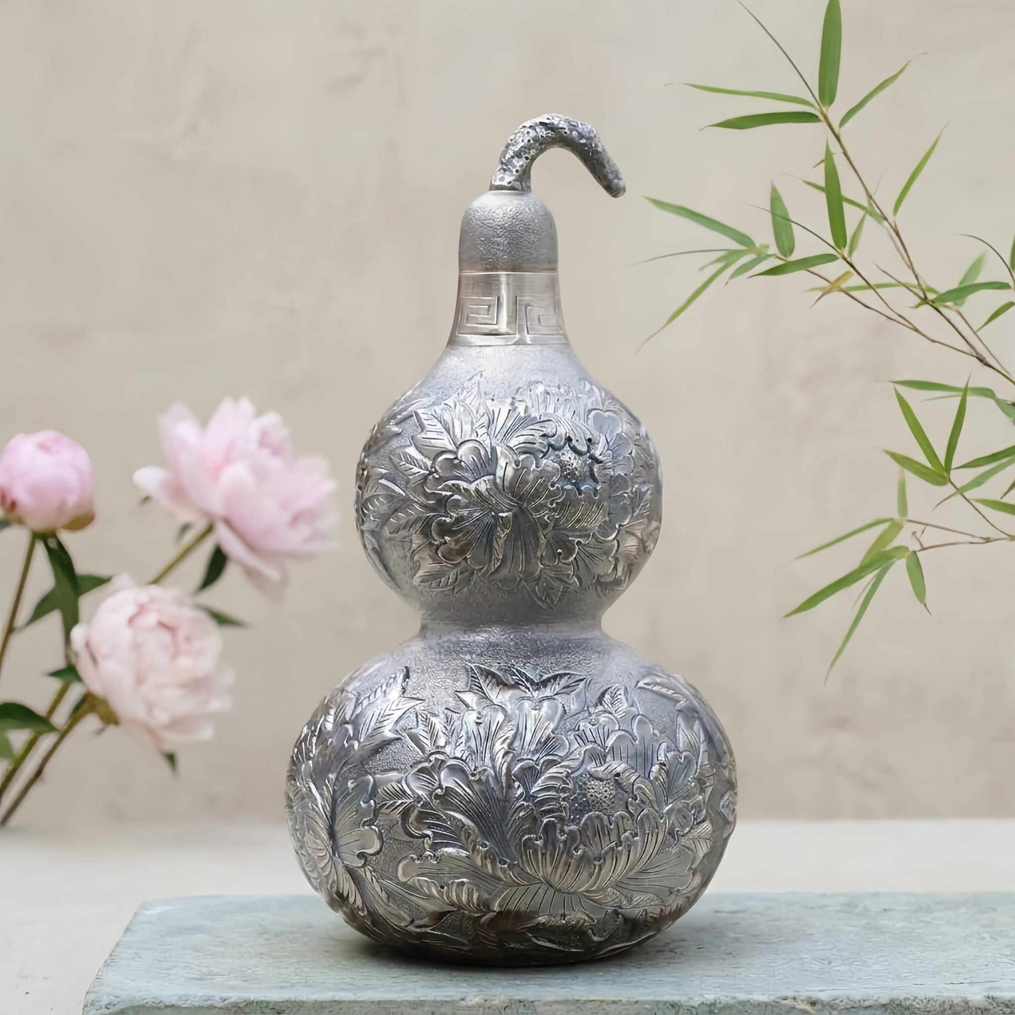 Pure 999 Fine Silver Ornate Silver-Toned Double Gourd Vessel with Intricate Floral Engravings - Handicraft Vera Lux