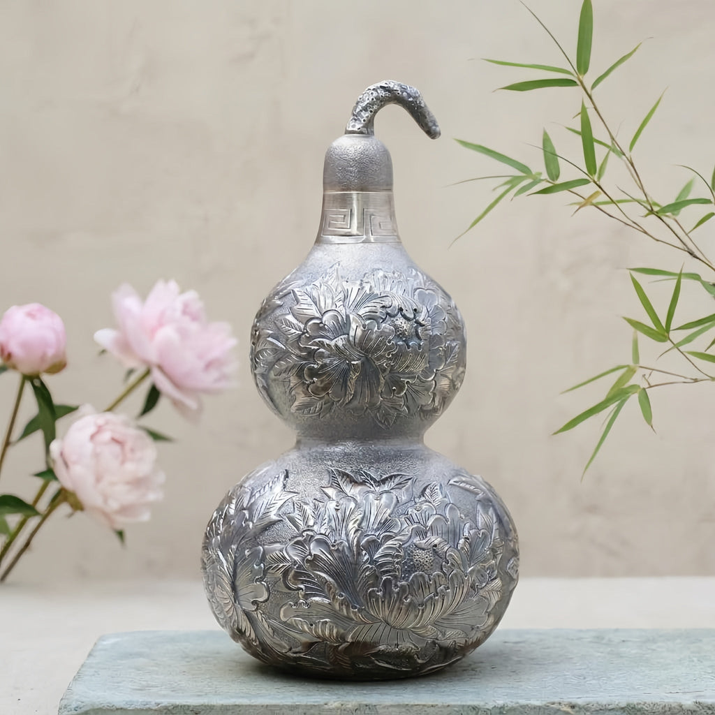 Pure 999 Fine Silver Ornate Silver-Toned Double Gourd Vessel with Intricate Floral Engravings - Handicraft Vera Lux