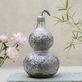 Pure 999 Fine Silver Ornate Silver-Toned Double Gourd Vessel with Intricate Floral Engravings - Handicraft Vera Lux