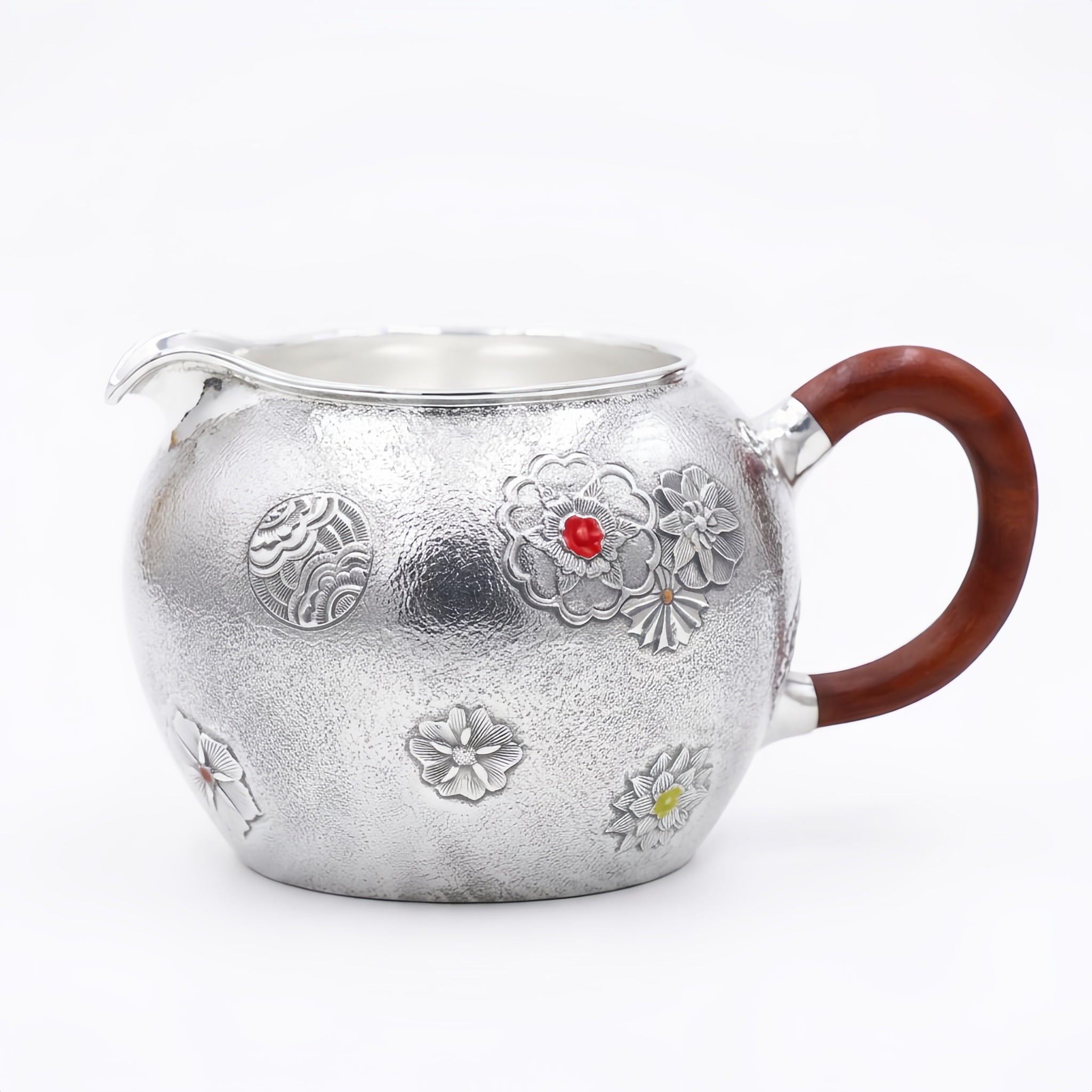 Pure 999 Fine Silver Handcrafted Silver Tea Fair Cup with Floral Relief and Wooden Handle - Handicraft Vera Lux