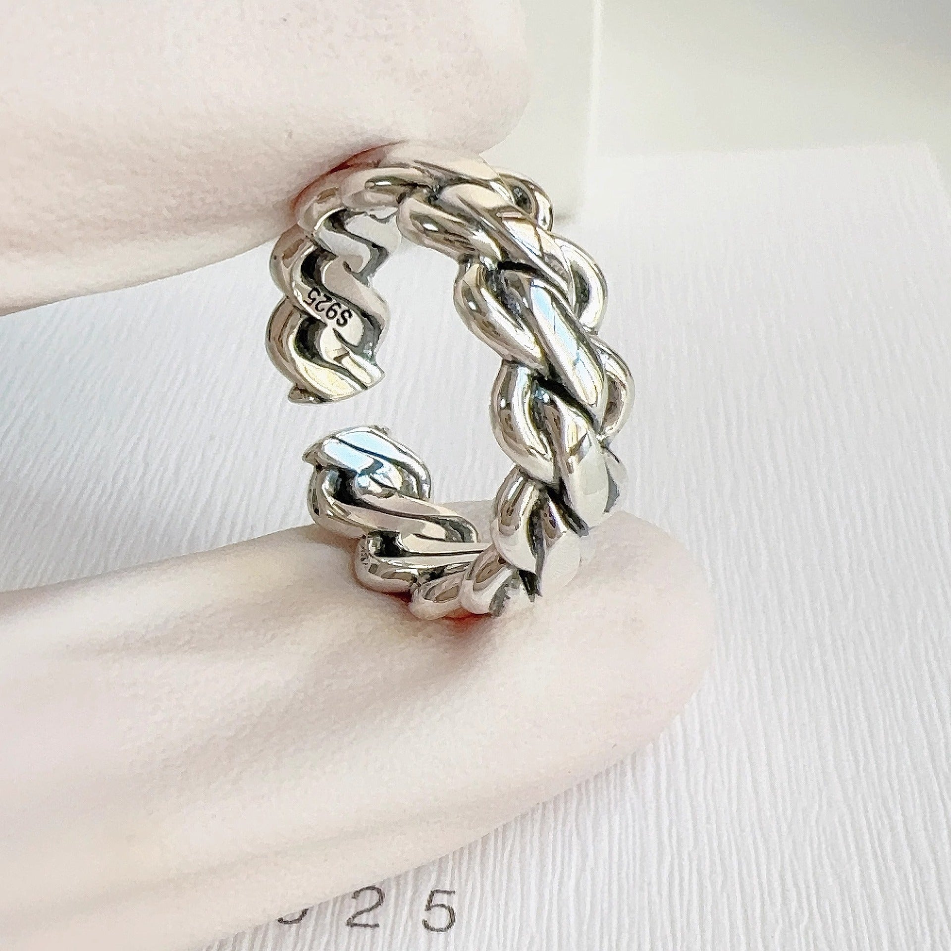 925 Sterling Silver Intertwined Chain Ring, Vintage Open Adjustable Cuff, Non Tarnish Korean Style Jewelry Vera Lux