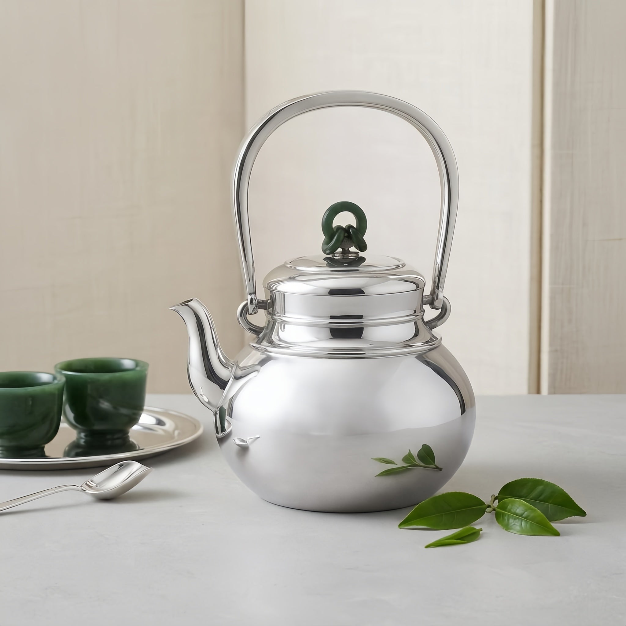 925 Sterling Silver Elegant Polished Silver Tea Kettle with Green Jade Knot Finial and Arch Handle - Handicraft Vera Lux