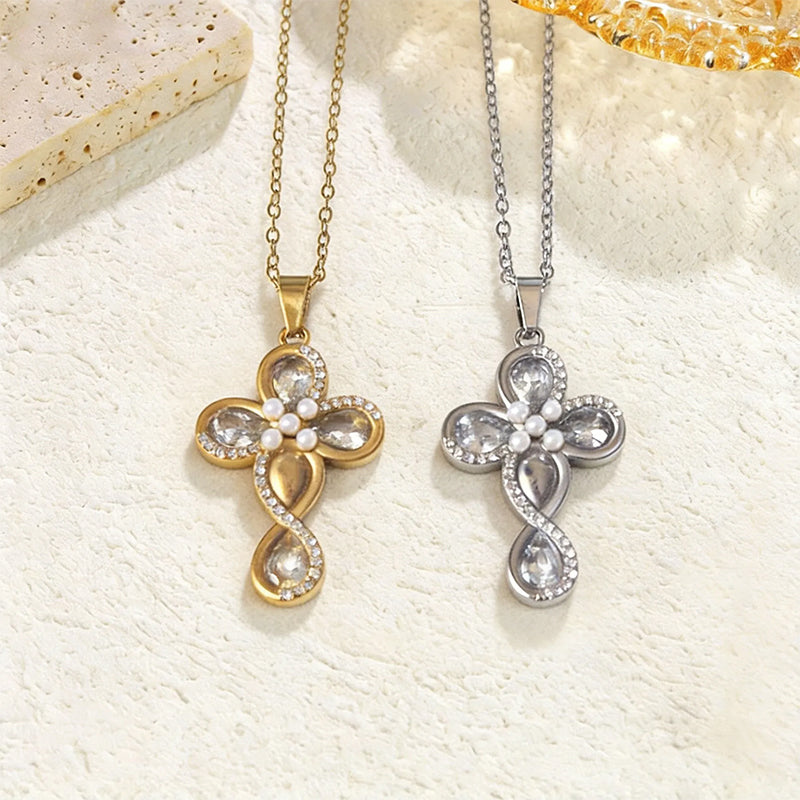 Stainless Steel Inlaid Rhinestone Cross Pendant Necklace Vera Lux