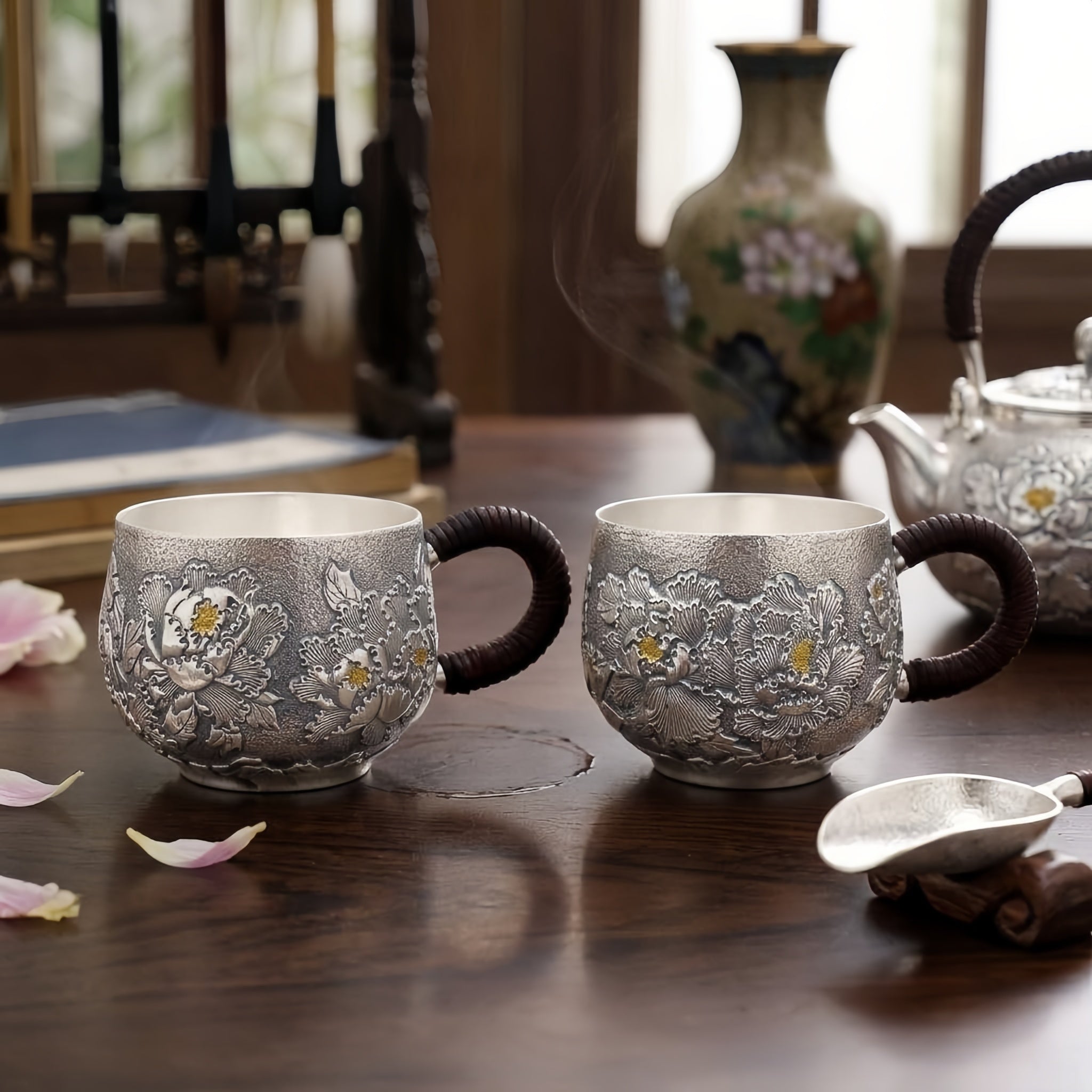 Pure 999 Fine Silver Elegant Handcrafted Silver Teacups Featuring Detailed Peony Relief and Traditional Woven Handles - Handicraft Vera Lux