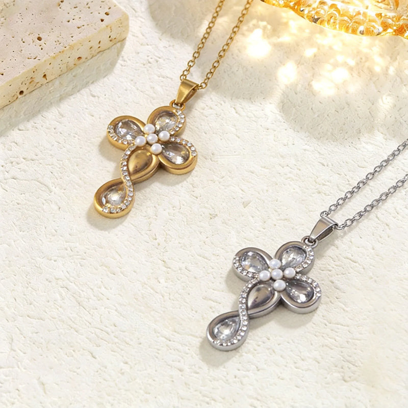 Stainless Steel Inlaid Rhinestone Cross Pendant Necklace Vera Lux