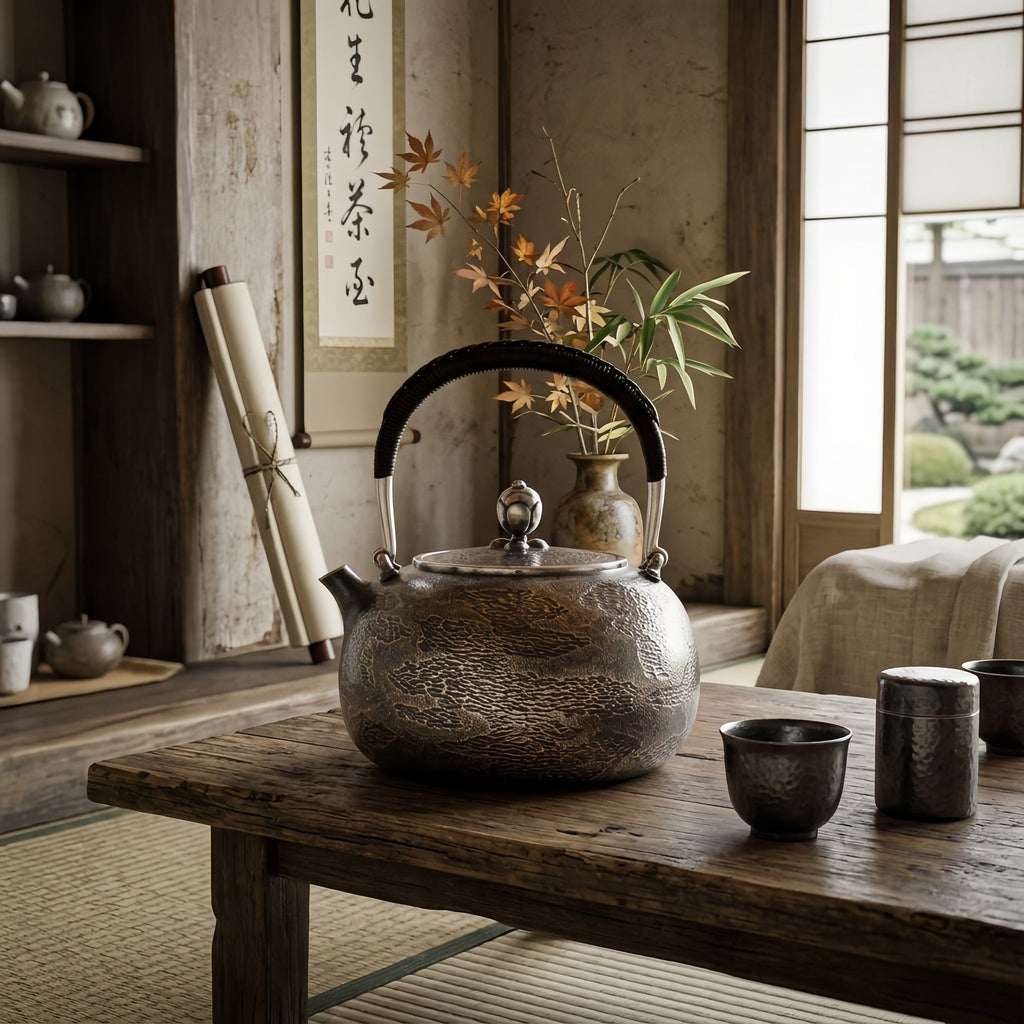 Pure 999 Fine Silver Artisanal Hammered Silver Teapot with Woven Rattan Handle and Decorative Finial - Handicraft Vera Lux