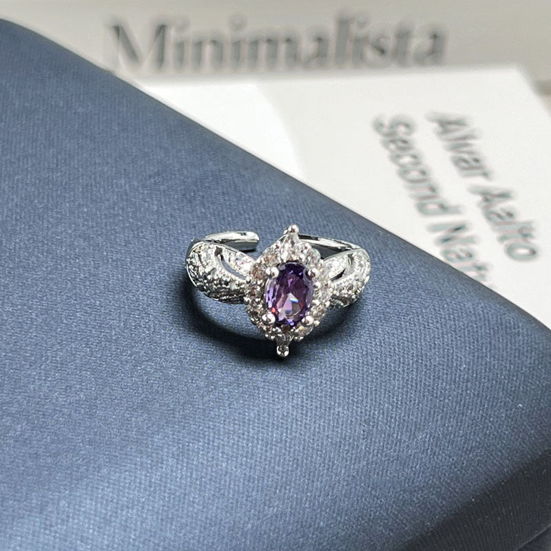 Nine Purple Fire Series Inlaid Purple Rhinestone Open Ring, Sweet Cool Light Luxury High Sense Niche Designer Band, Trendy Adjustable Finger Jewelry For Women Daily Outfit Matching Vera Lux