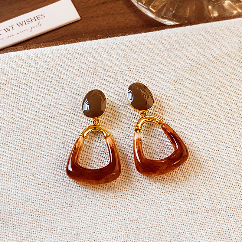 Handmade Maillard Aesthetic Earrings, Amber Resin Irregular Square Studs With Gold Tone Border, Retro Unique Button Jewelry, Gift For Her Vera Lux