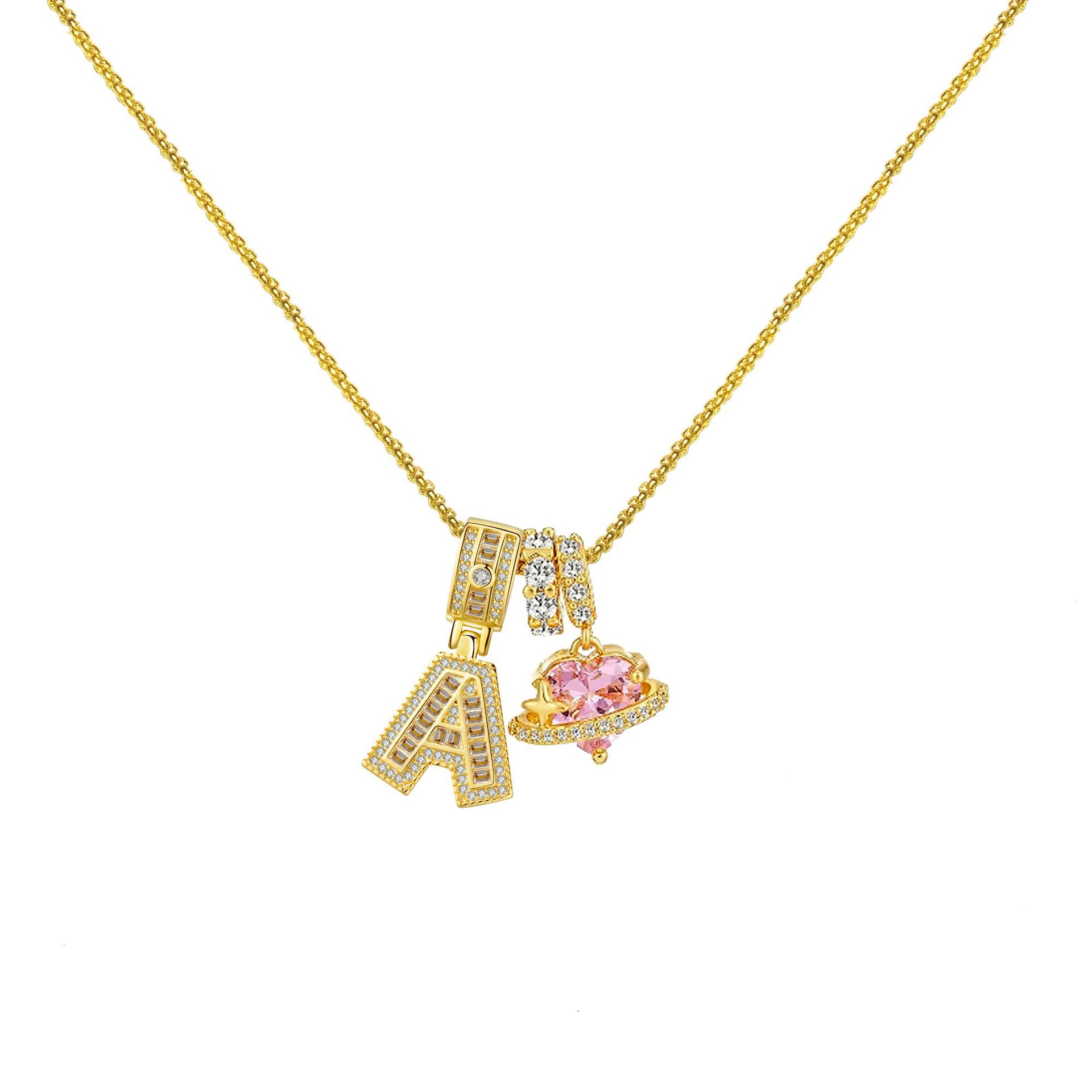 Gold-Plated Copper Planet Heart Pendant Necklace With Diamonds Vera Lux