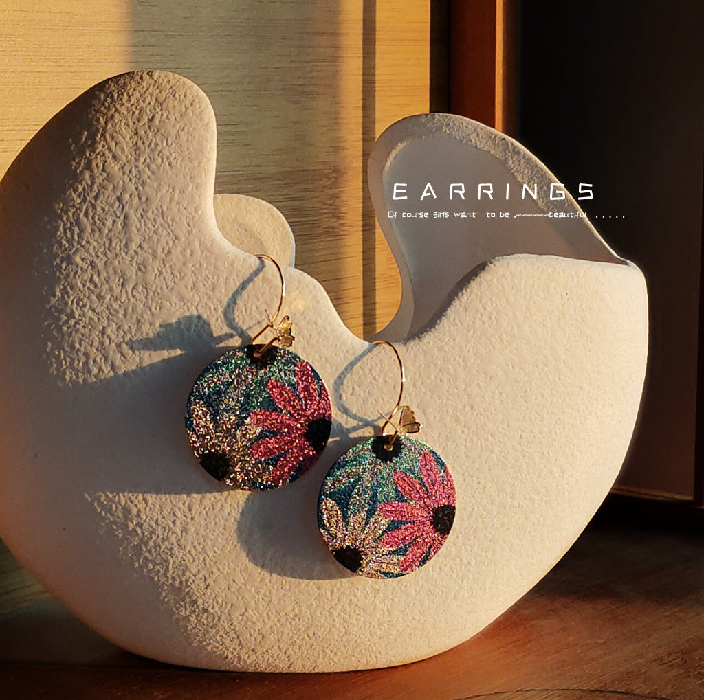 Real Gold-Plated Round Geometric Statement Earrings With Butterflies And Flowers Vera Lux