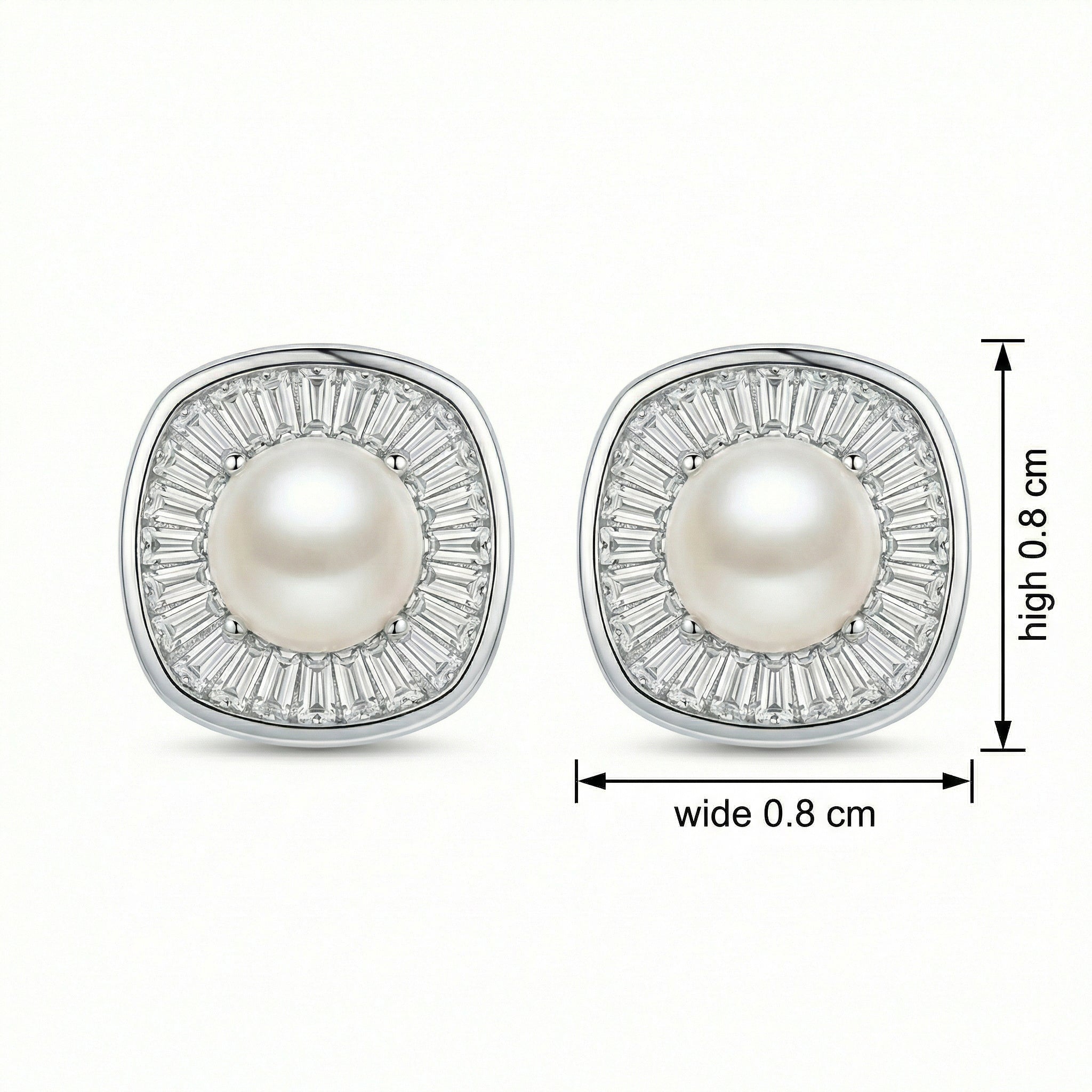 925 Sterling Silver Radiant Pearl and Tapered Baguette CZ Cushion Halo Stud Earrings Vera Lux