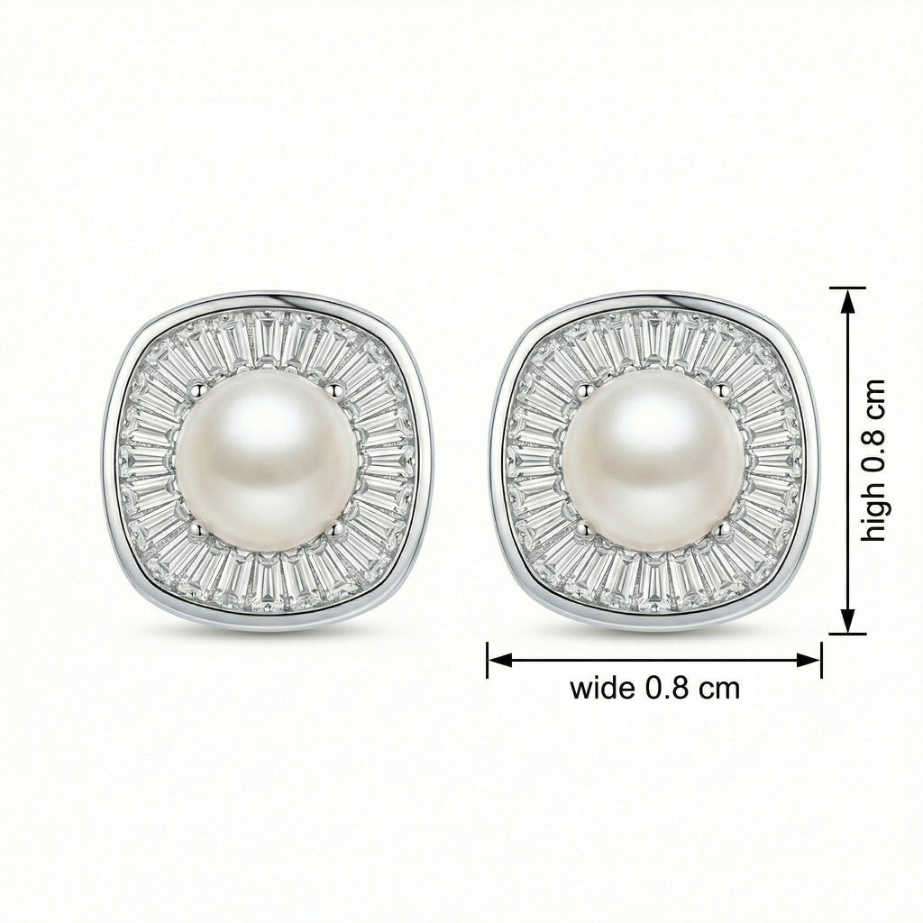 925 Sterling Silver Radiant Pearl and Tapered Baguette CZ Cushion Halo Stud Earrings Vera Lux