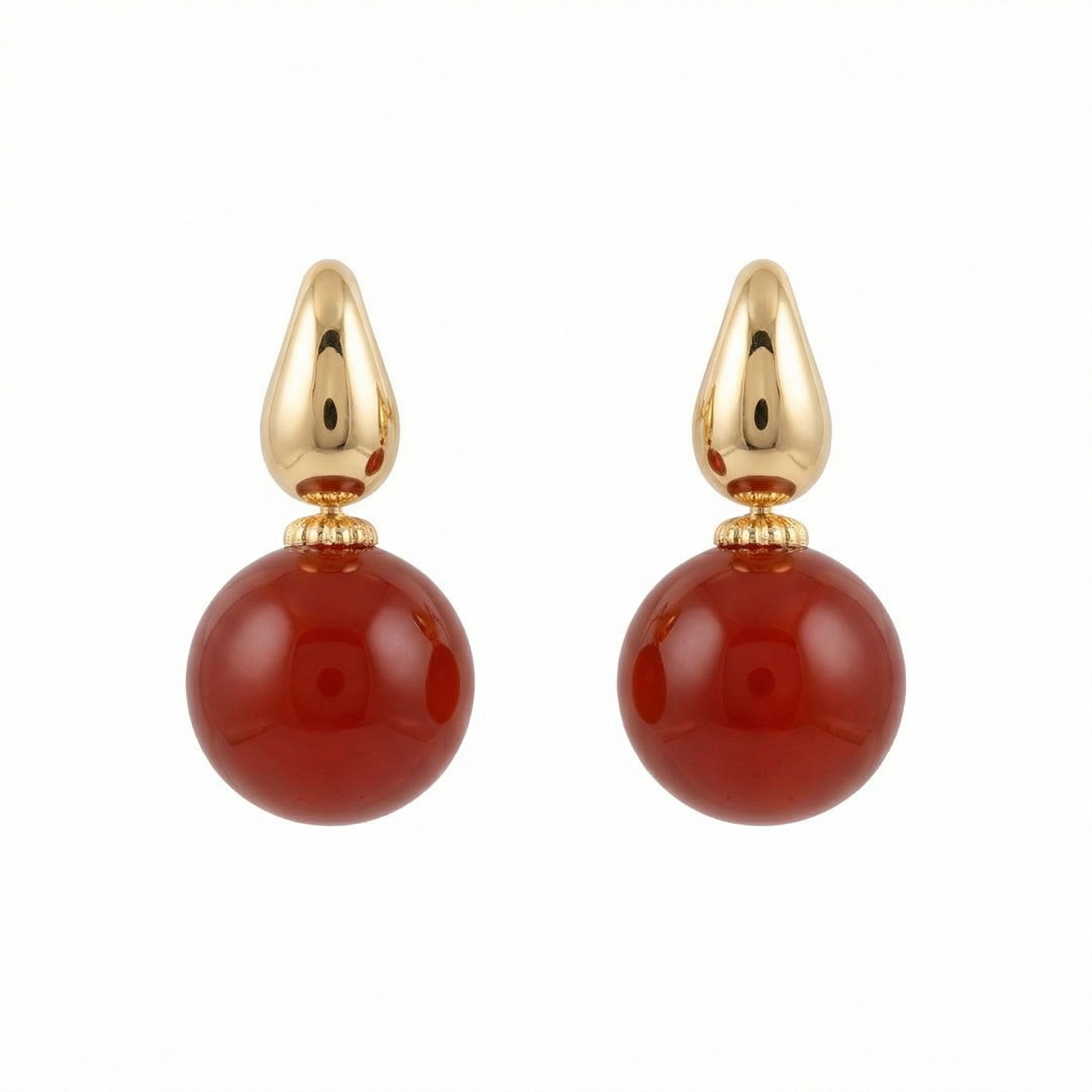 925 Sterling Silver Elegant Red Carnelian Sphere and Polished Metallic Teardrop Drop Earrings Vera Lux
