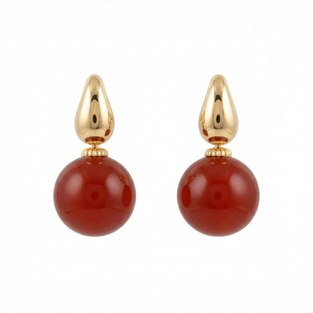 925 Sterling Silver Elegant Red Carnelian Sphere and Polished Metallic Teardrop Drop Earrings Vera Lux