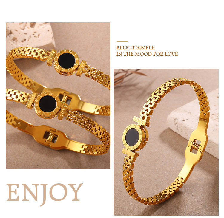 Fashionable, Versatile, Exclusive And Exquisite Wrist Accessory With Unique Style And Light Luxury. Gold Roman Numeral Black Surface Decorative Clasp Bracelet. Vera Lux