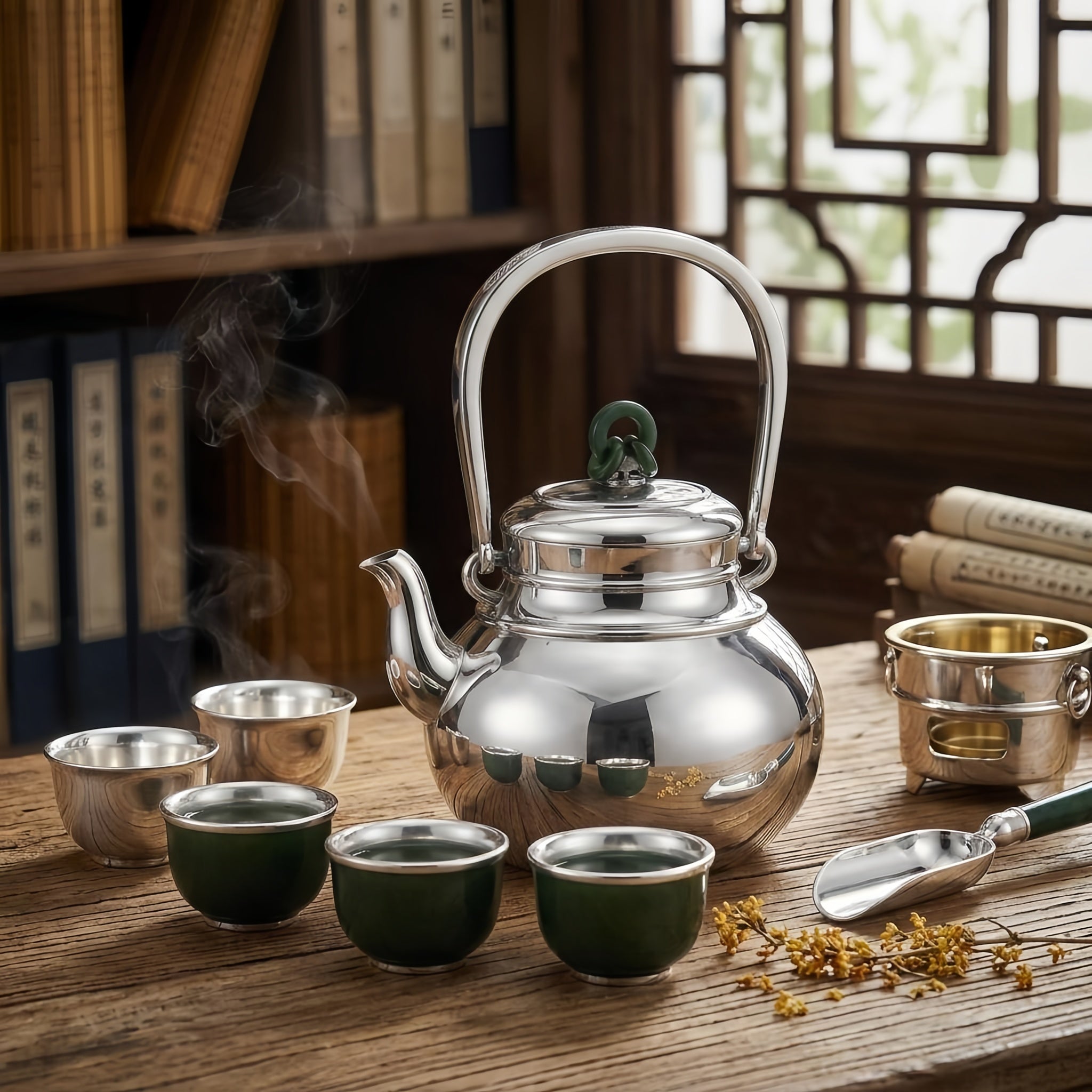 925 Sterling Silver Elegant Polished Silver Tea Kettle with Green Jade Knot Finial and Arch Handle - Handicraft Vera Lux