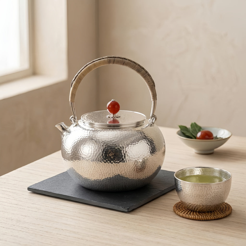 925 Sterling Silver Handcrafted Hammered Silver Teapot with Rattan Handle and Red Agate Finial - Handicraft Vera Lux