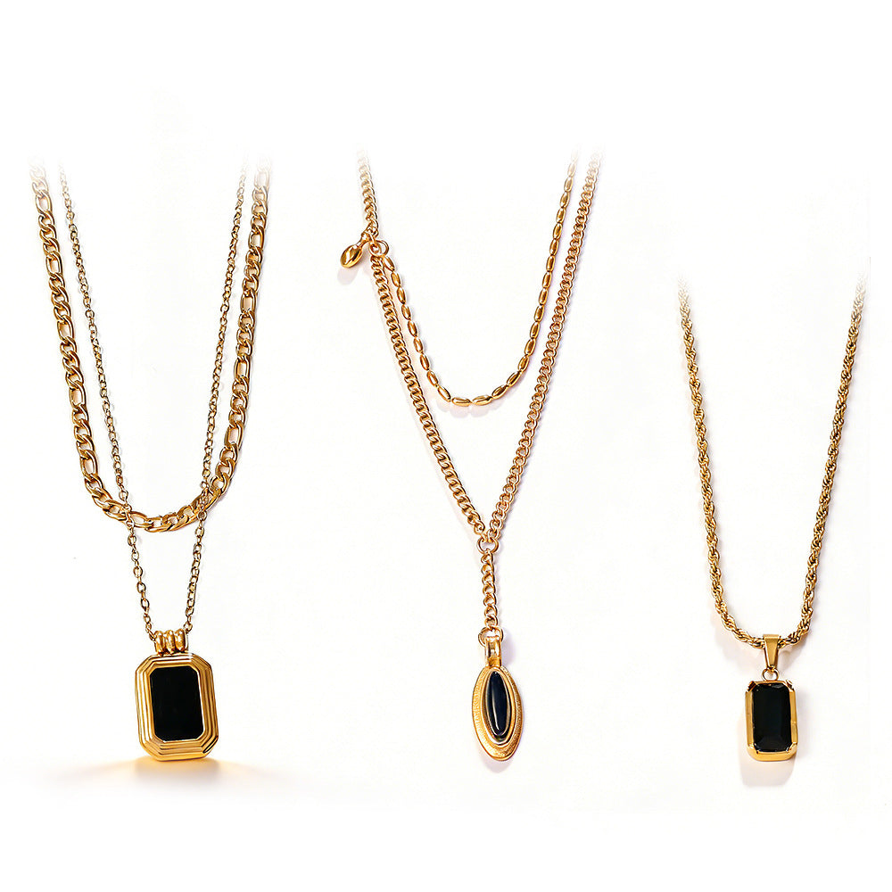 Vintage Stackable Double Layer Oval Black Onyx Pendant Necklace, 18K Gold Plated Square Black Zircon Clavicle Chain Vera Lux