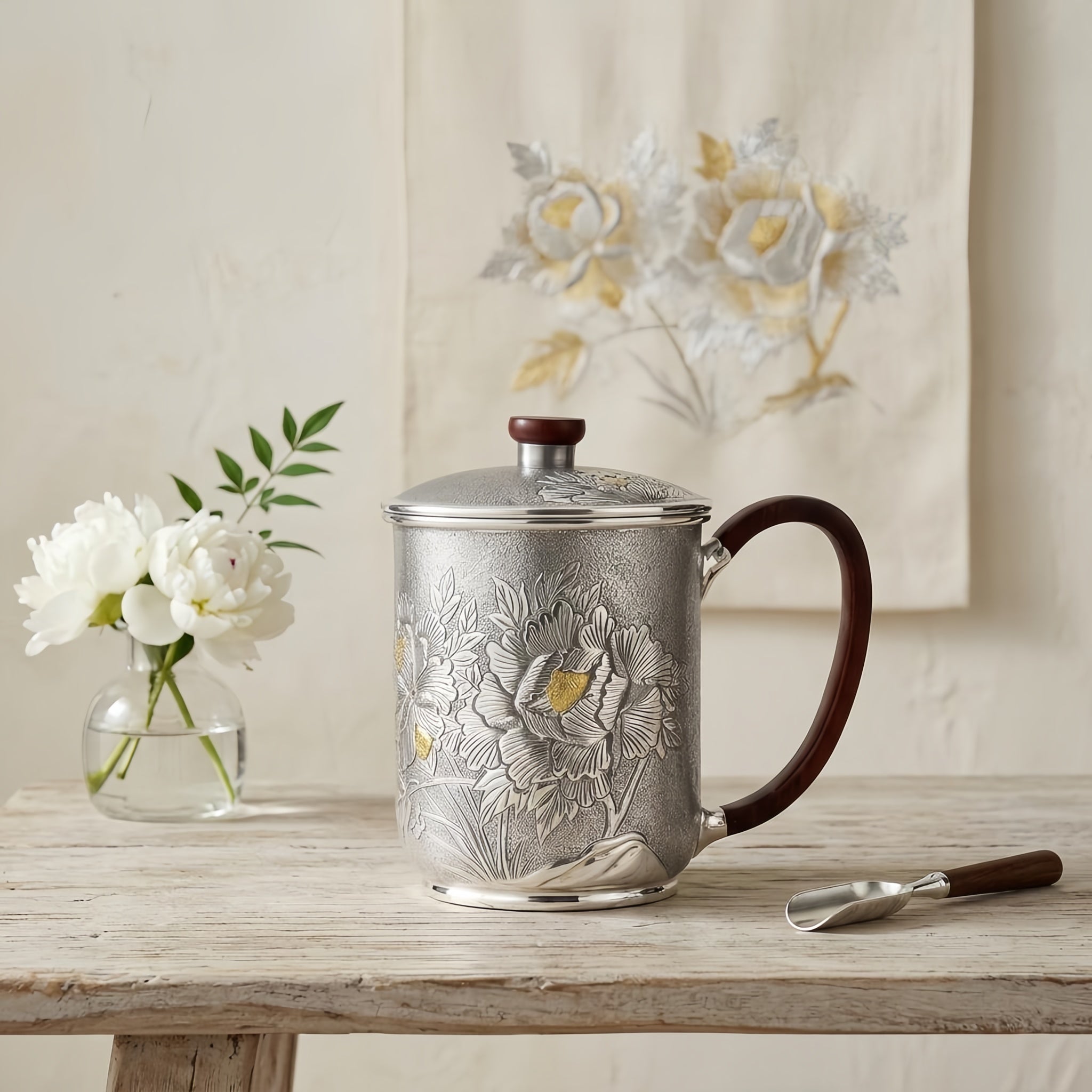 Pure 999 Fine Silver Handcrafted Silver Mug with Embossed Peony Motifs and Rosewood Accents - Handicraft Vera Lux