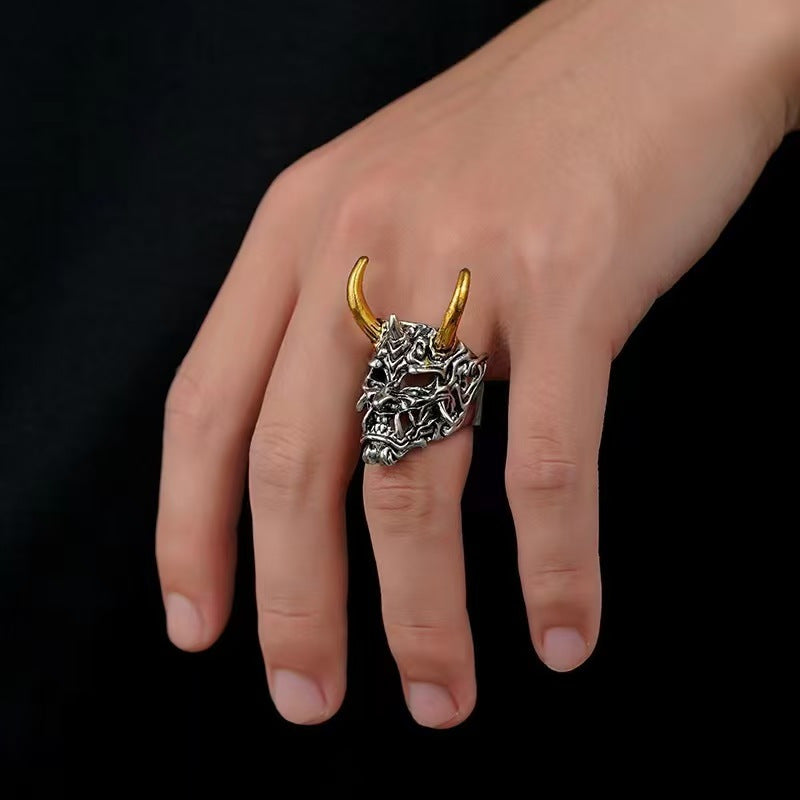 Vintage Silver Oni Hannya Mask Ring, Gold Horns Demon Skull Adjustable Band, Gothic Punk Biker Ring For Men Vera Lux